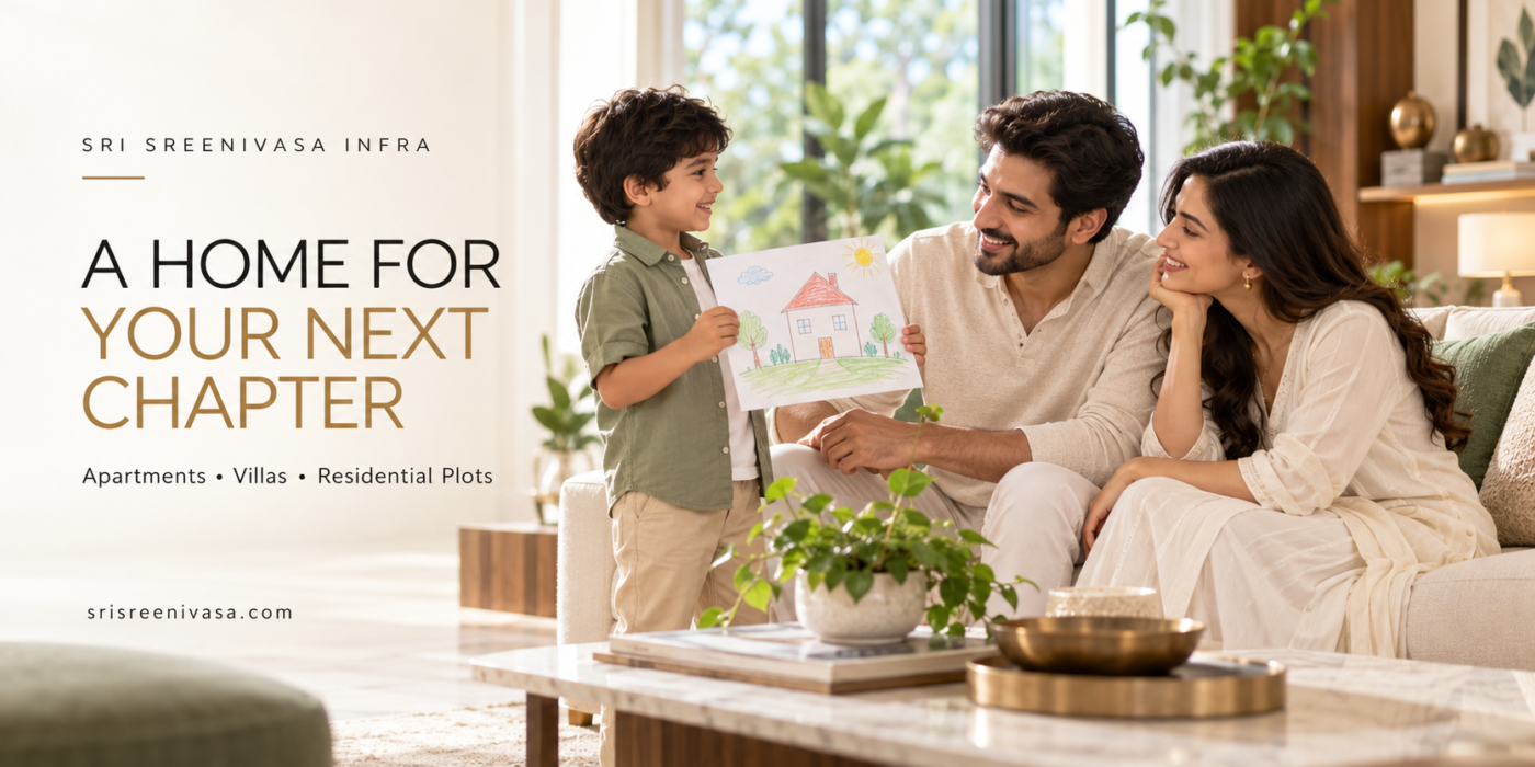 Indian child showing his parents a drawing of a home—lifestyle illustration for Sri Sreenivasa Infra.