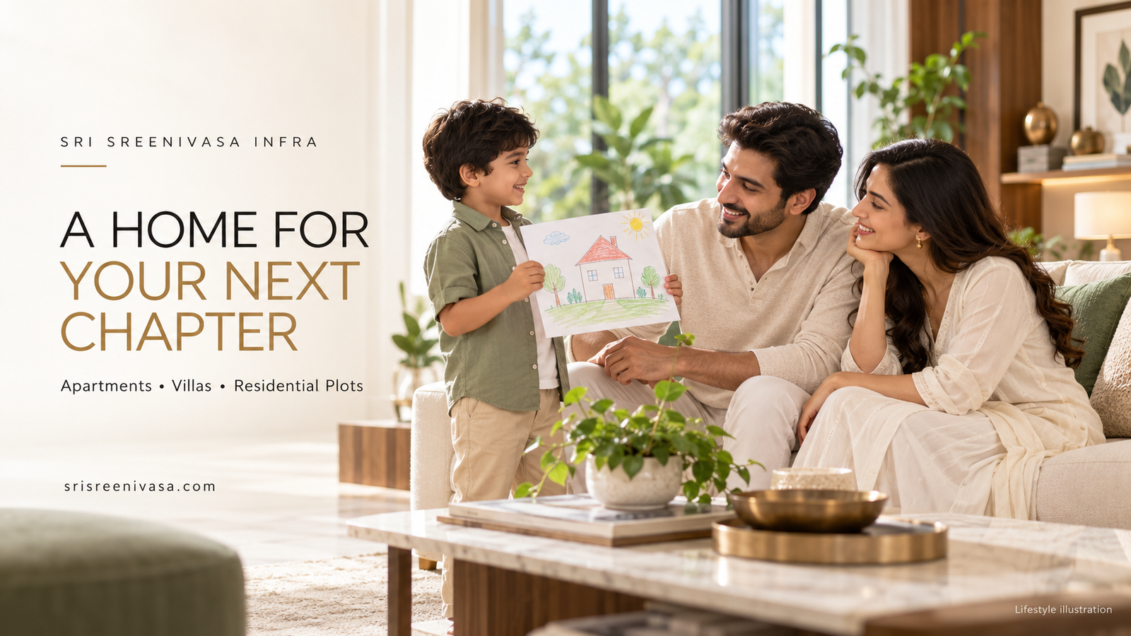 Indian child showing his parents a drawing of a home—lifestyle illustration for Sri Sreenivasa Infra.