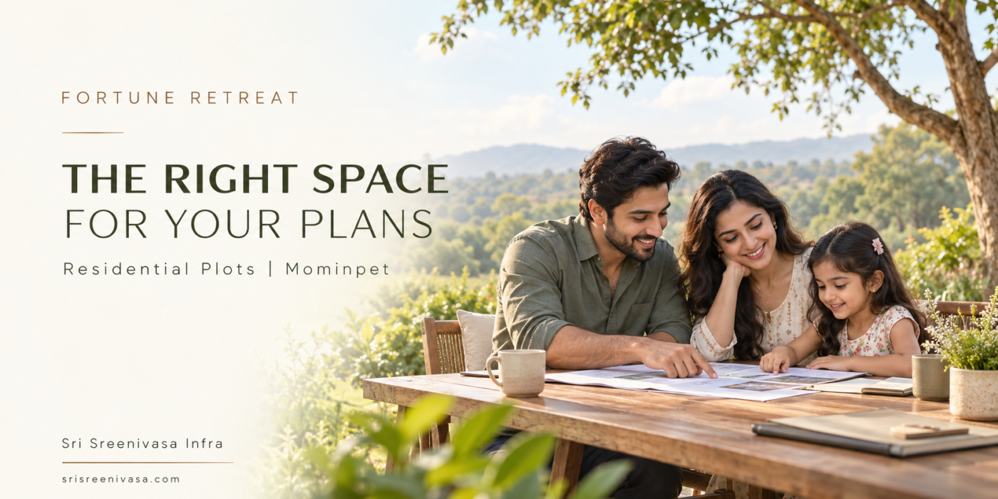 Indian family reviewing home plans in a green outdoor setting—concept illustration for Fortune Retreat residential plots in Mominpet.
