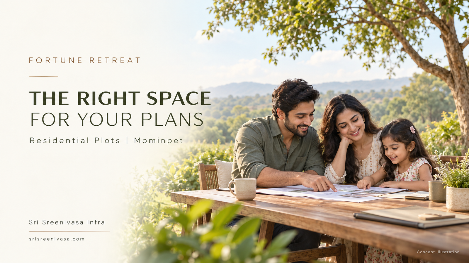 Indian family reviewing home plans in a green outdoor setting—concept illustration for Fortune Retreat residential plots in Mominpet.