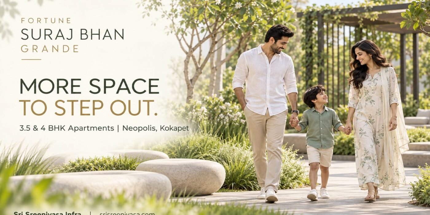 Indian family walking through a landscaped garden—lifestyle illustration for Fortune Suraj Bhan Grande, Neopolis.