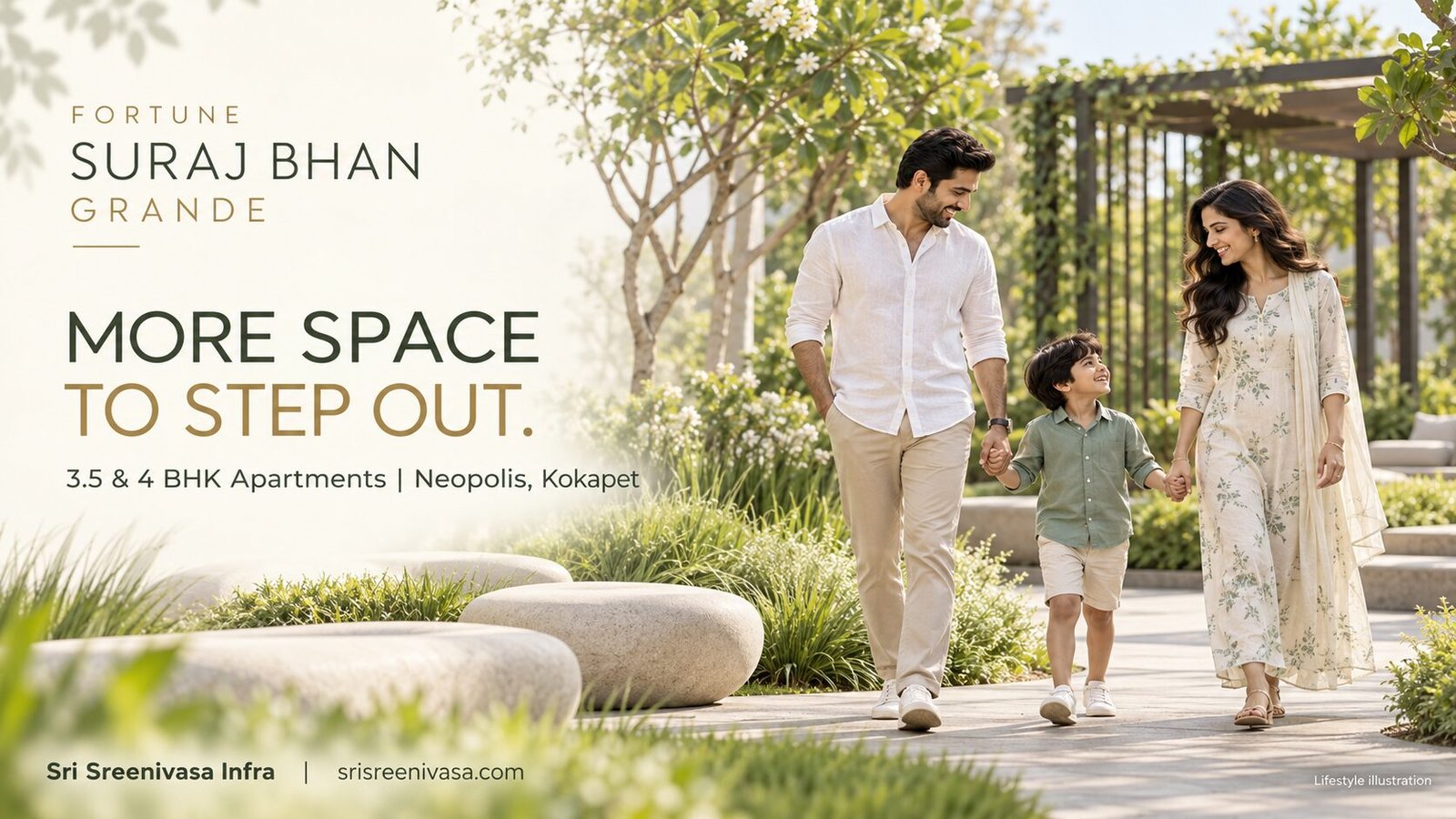Indian family walking through a landscaped garden—lifestyle illustration for Fortune Suraj Bhan Grande, Neopolis.
