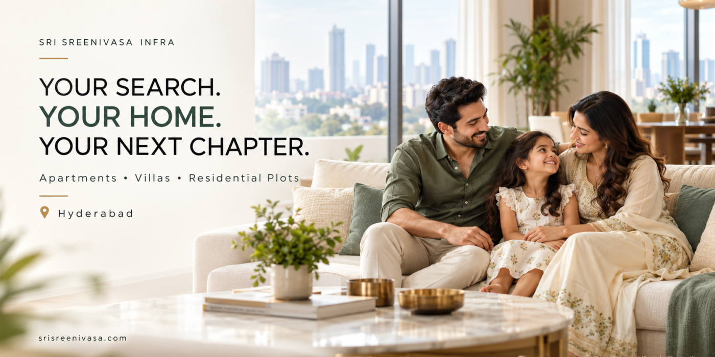 Indian family relaxing in a bright living room—lifestyle illustration for Sri Sreenivasa Infra, Hyderabad.