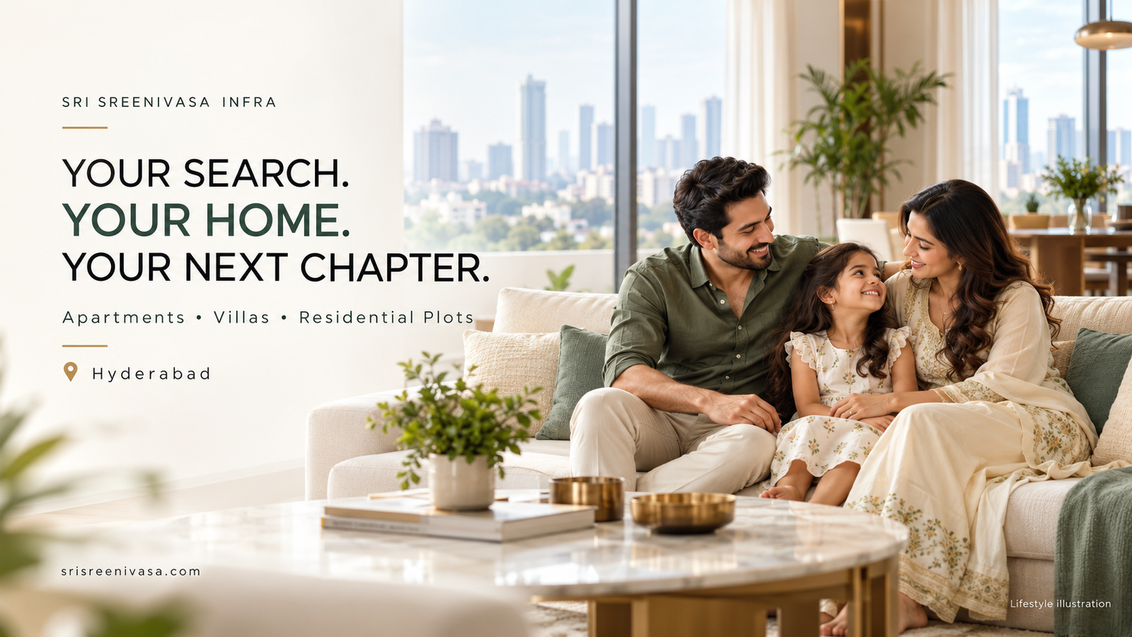 Indian family relaxing in a bright living room—lifestyle illustration for Sri Sreenivasa Infra, Hyderabad.