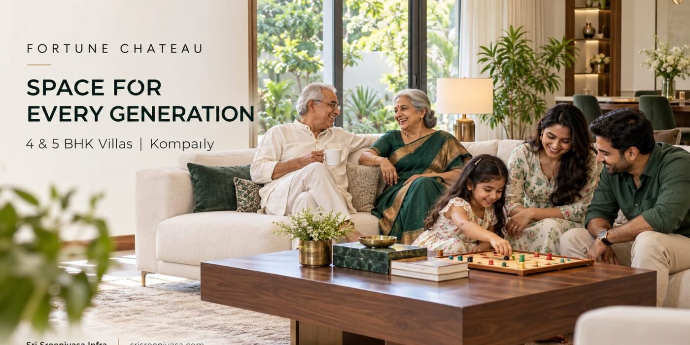Three generations of an Indian family relaxing and playing a board game—lifestyle illustration for Fortune Chateau.