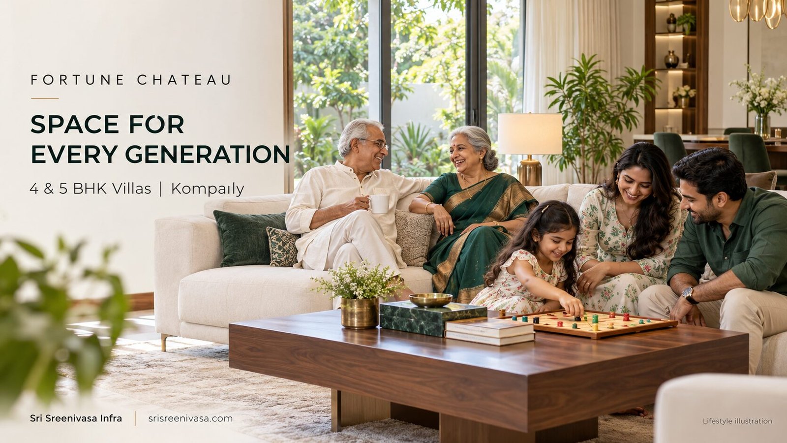 Three generations of an Indian family relaxing and playing a board game—lifestyle illustration for Fortune Chateau.