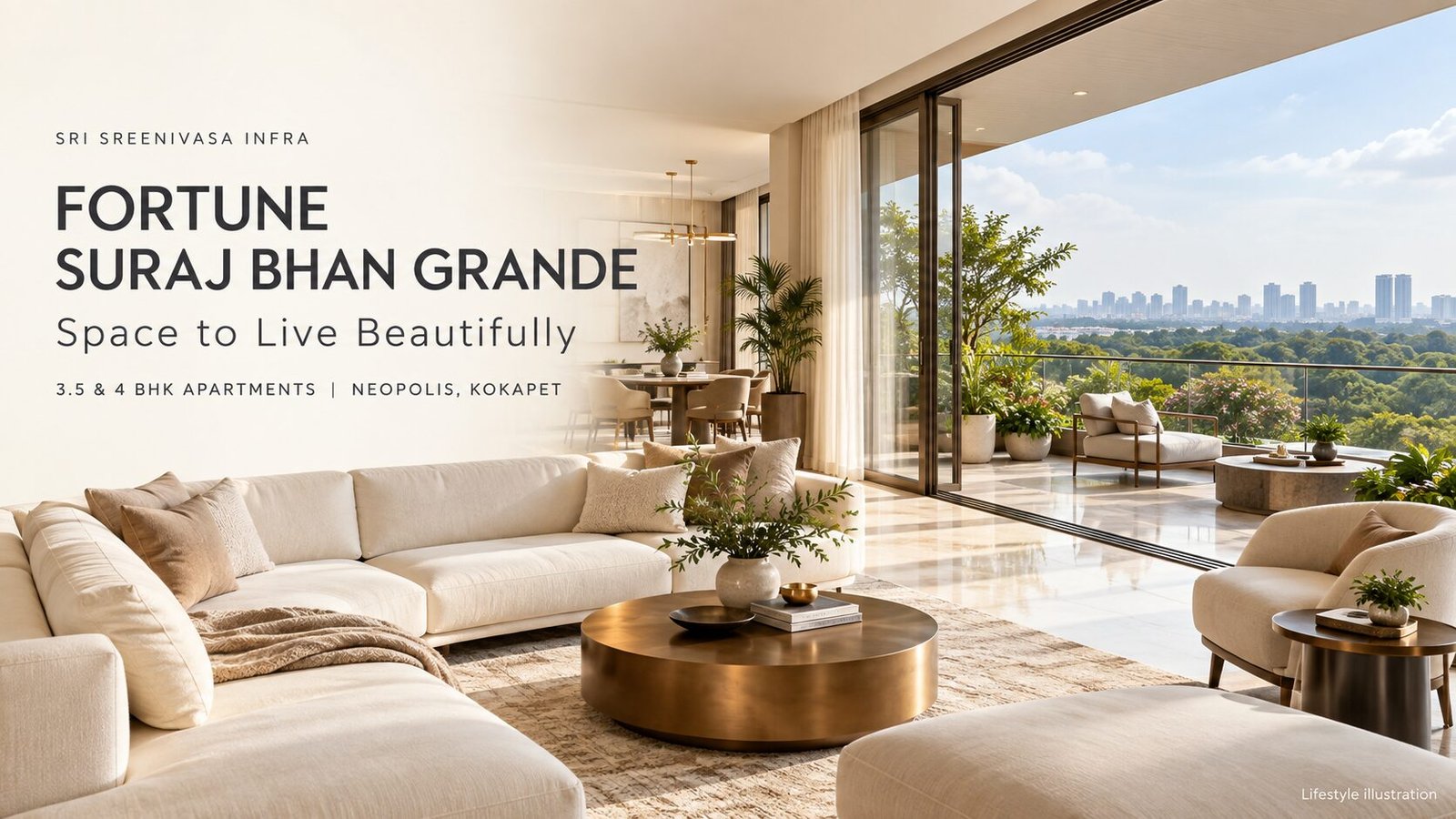 Luxury apartment lifestyle illustration for Fortune Suraj Bhan Grande in Neopolis, Kokapet.