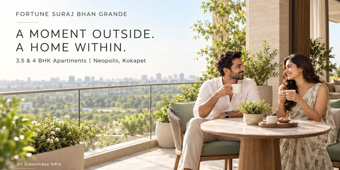 Indian couple enjoying coffee on a sunlit balcony—lifestyle illustration for Fortune Suraj Bhan Grande, with indicative views.