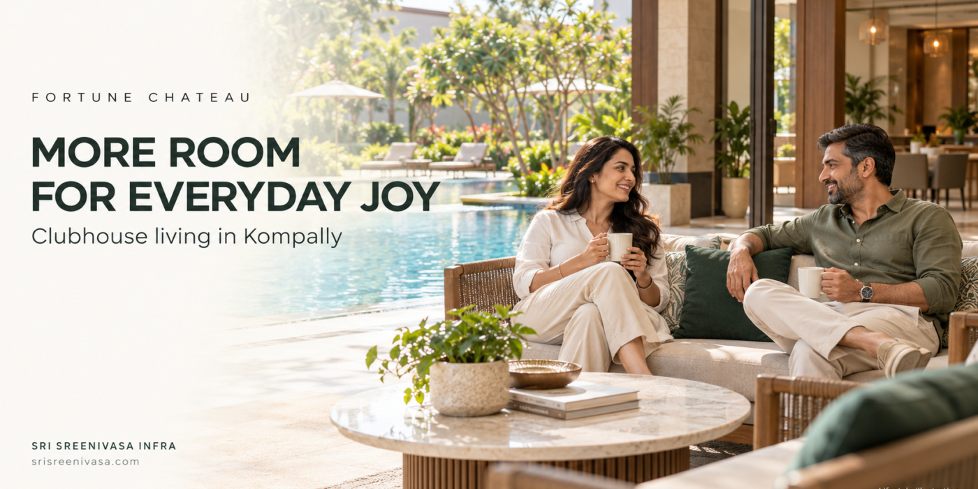 Fortune Chateau blog banner illustrating an Indian couple relaxing beside a clubhouse pool in Kompally.