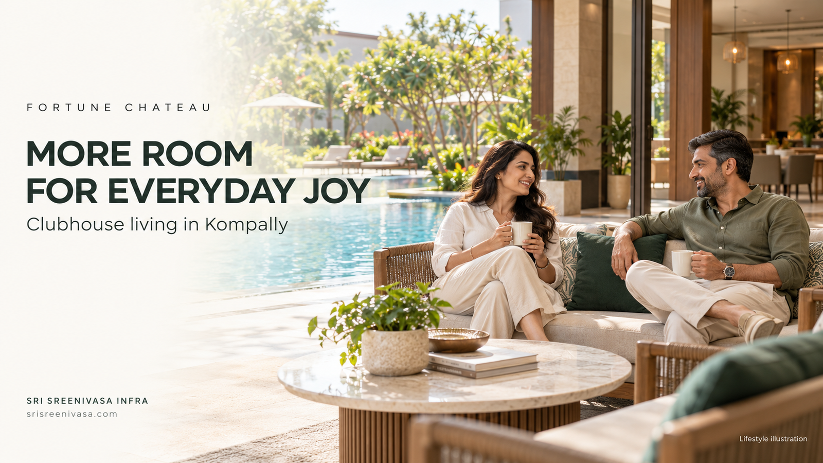 Fortune Chateau blog banner illustrating an Indian couple relaxing beside a clubhouse pool in Kompally.