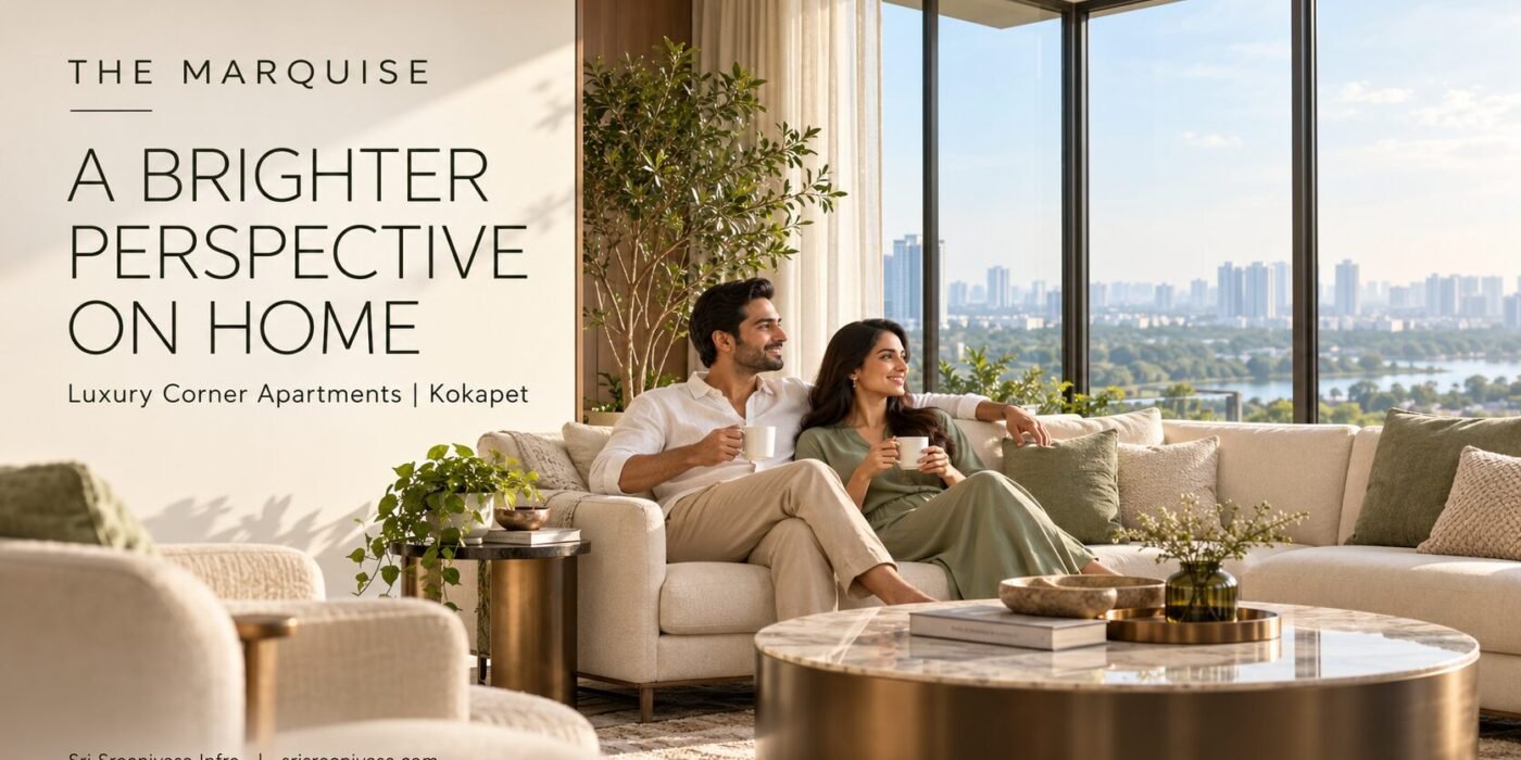 Indian couple relaxing in a sunlit corner living room—lifestyle illustration for The Marquise, with indicative views.