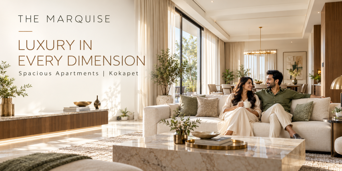 - Indian couple relaxing in a spacious sunlit living room—concept interior illustration for The Marquise, Kokapet.