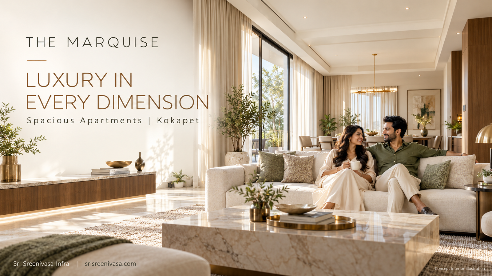 - Indian couple relaxing in a spacious sunlit living room—concept interior illustration for The Marquise, Kokapet.