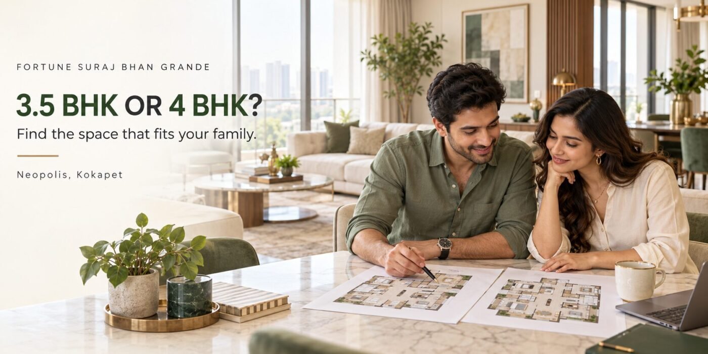 Indian couple comparing apartment floor plans—lifestyle illustration for Fortune Suraj Bhan Grande in Neopolis, Kokapet.
