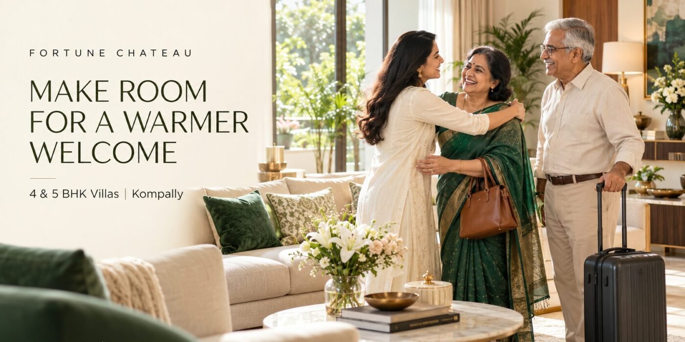 Indian woman welcoming her visiting parents into a bright living room—lifestyle illustration for Fortune Chateau, Kompally.